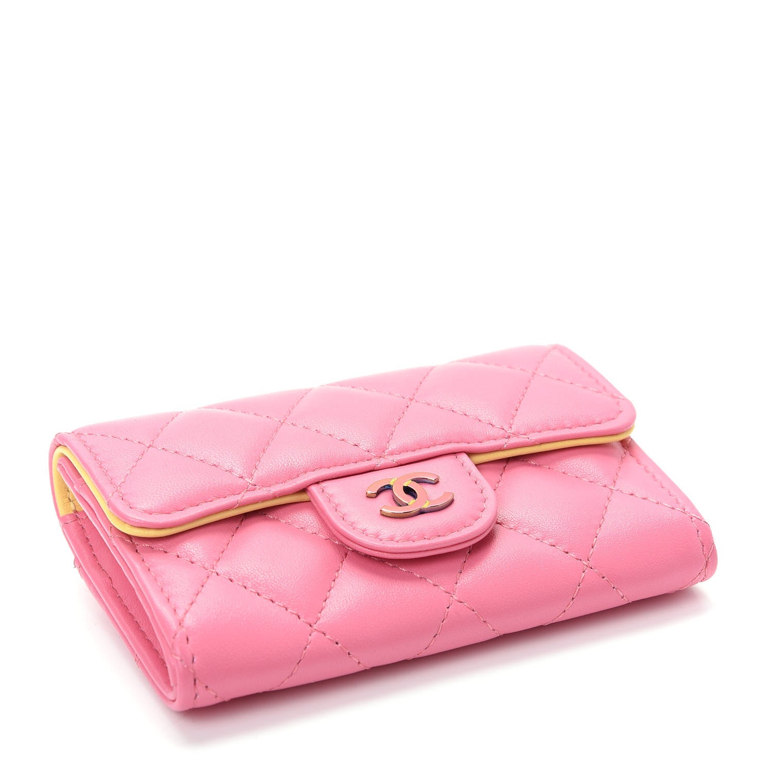 Chanel Lambskin Quilted Flap Card Holder Wallet Pink Yellow 4 of 9