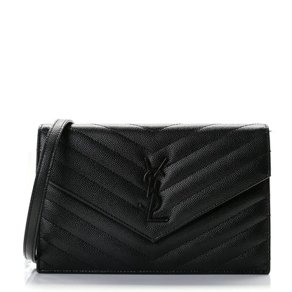 Saint Laurent Grain De Poudre Matelasse Chevron Monogram Envelope Chain Wallet Black 1 of 13