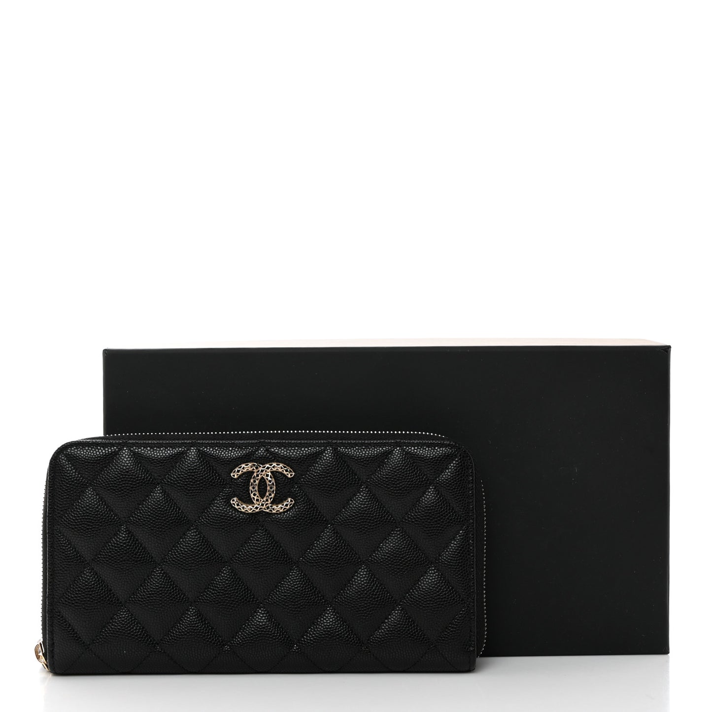 Caviar Quilted Perforated CC Long Zipped Wallet Black