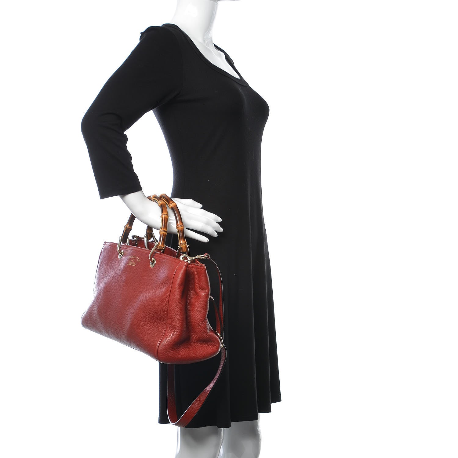 Gucci Pebbled Calfskin Medium Bamboo Shopper Tote Red 3 of 11