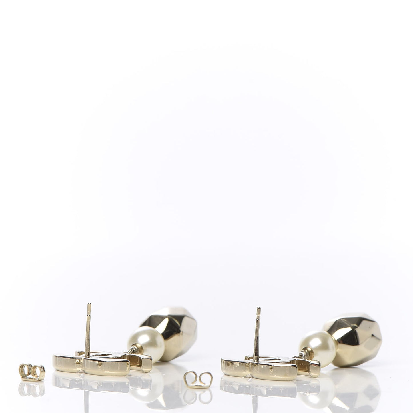Metal Bead Pearl CC Drop Earrings Golden Pearly White