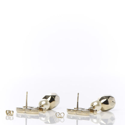 Chanel Metal Bead Pearl CC Drop Earrings Golden Pearly White 3 of 4