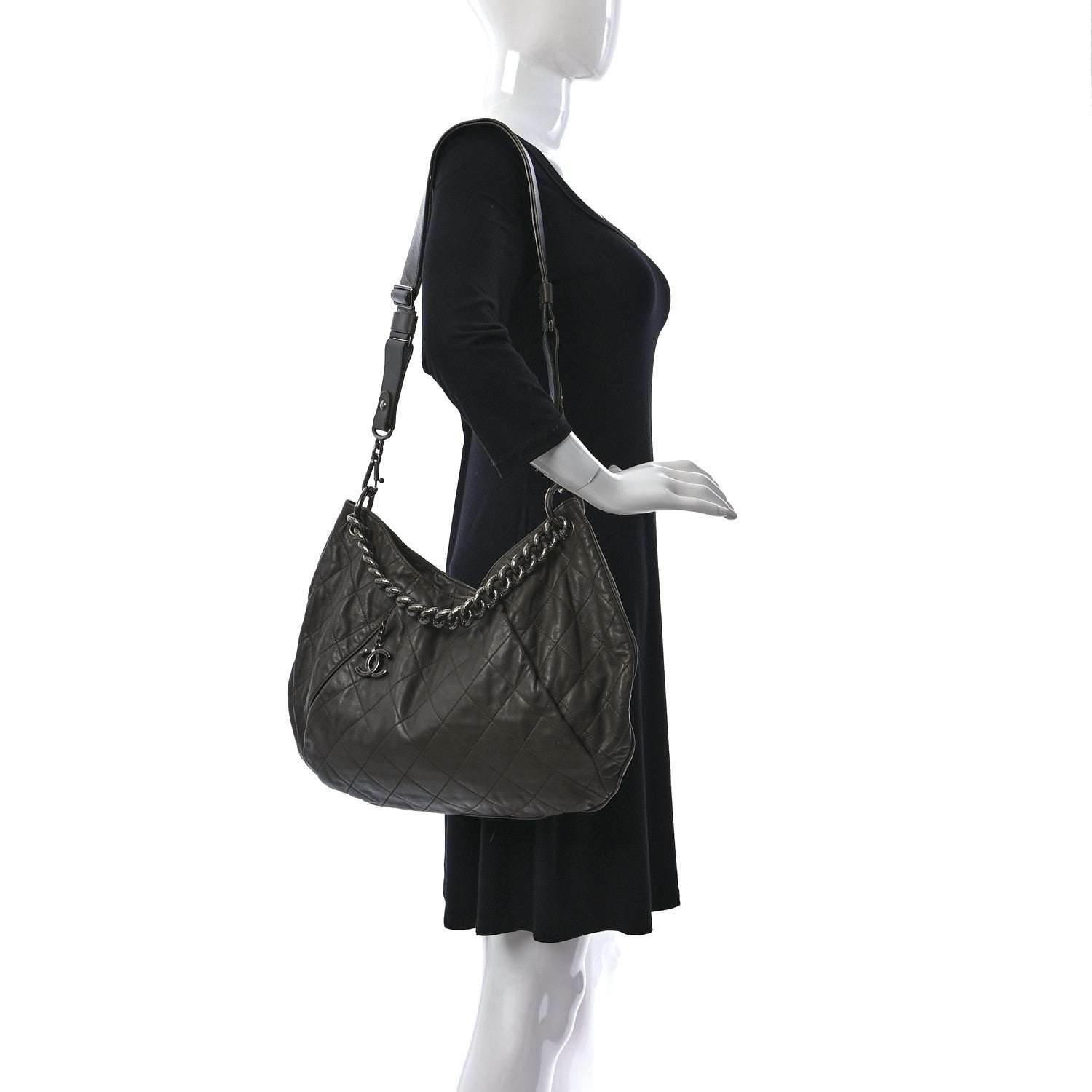 Chanel Calfskin Coco Pleats Hobo Khaki 2 of 9
