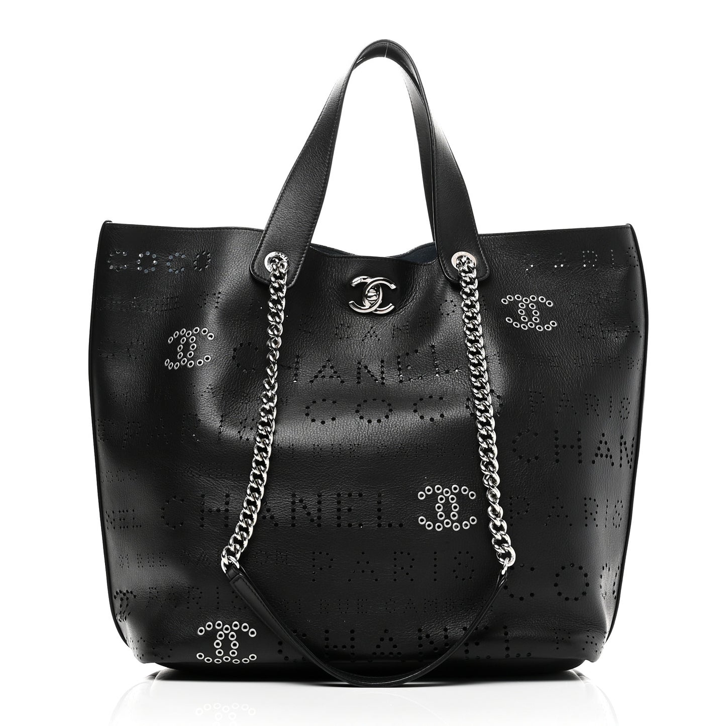 Calfskin Tweed Small Logo Eyelets Shopping Tote Black