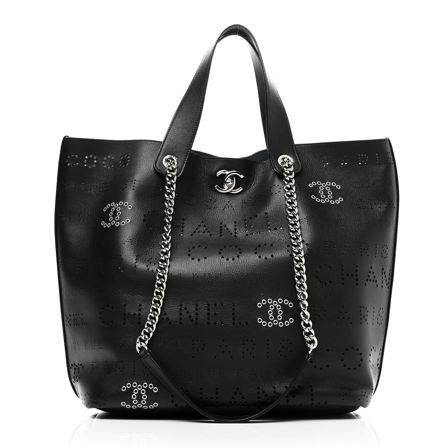 Chanel Calfskin Tweed Small Logo Eyelets Shopping Tote Black 1 of 11