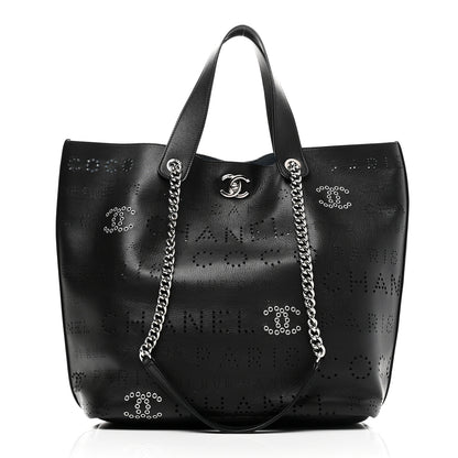 Chanel Calfskin Tweed Small Logo Eyelets Shopping Tote Black 1 of 11