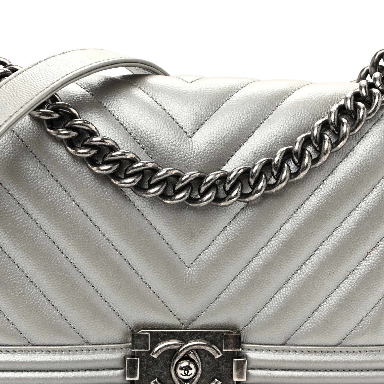Chanel Metallic Caviar Chevron Quilted Medium Boy Flap Silver 8 of 10
