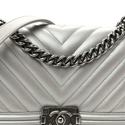 Chanel Metallic Caviar Chevron Quilted Medium Boy Flap Silver 8 of 10