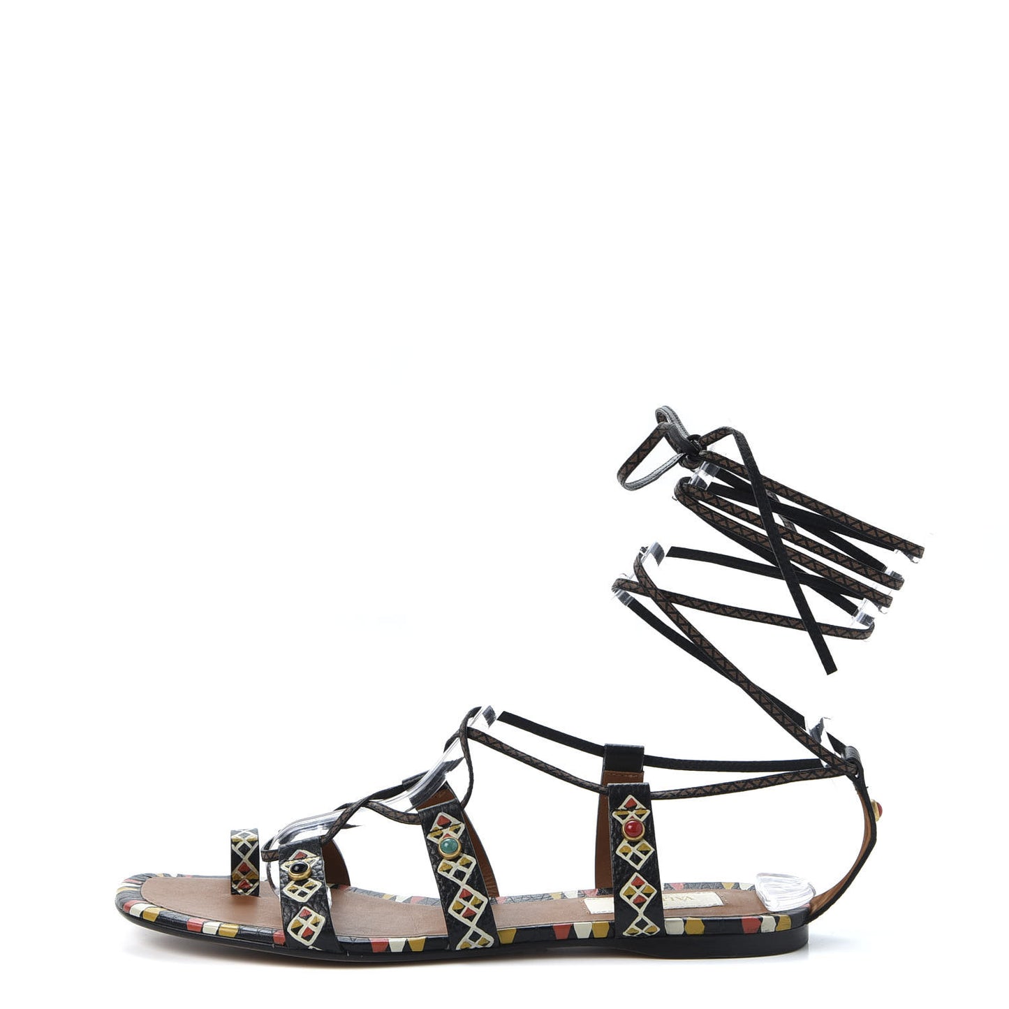 Calfskin Primitive Print Gladiator Sandals 38 Black Multi
