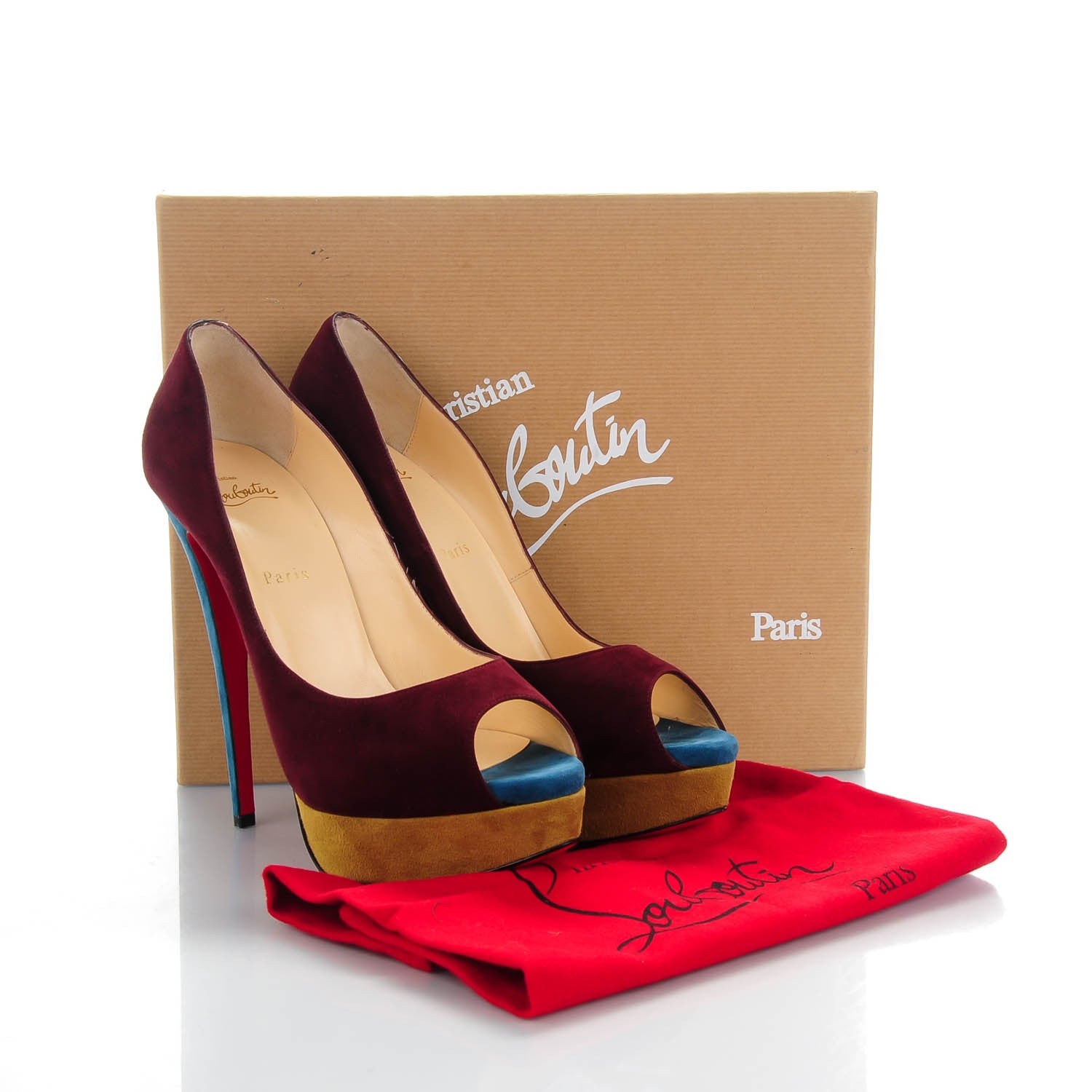Christian Louboutin Sued Lady Peep 150 Pumps 40.5 Maroon Turquoise Olive 8 of 8
