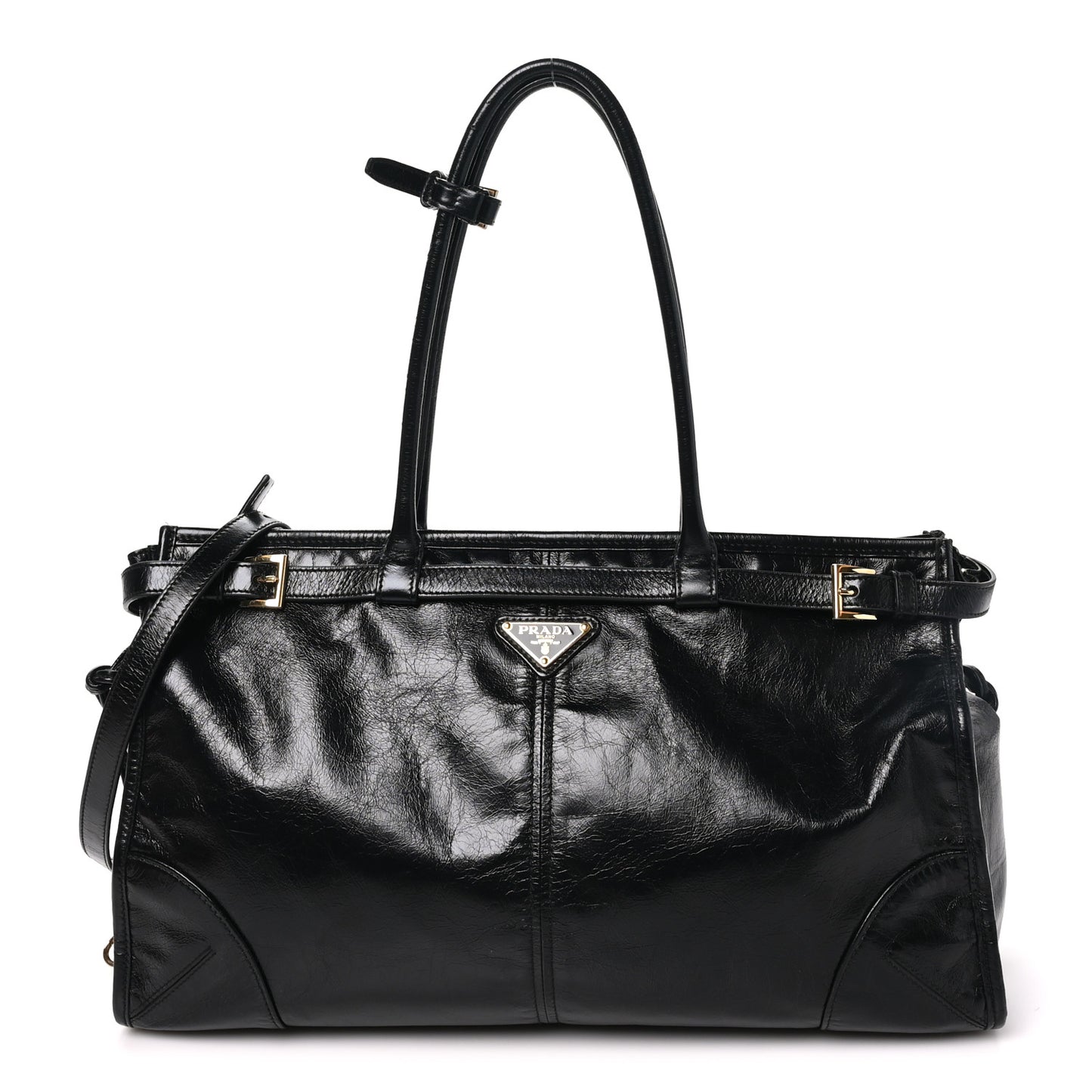 Glossy Calfskin Triangle Large Bonnie Shoulder Bag Black