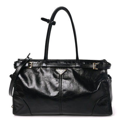 Prada Glossy Calfskin Triangle Large Bonnie Shoulder Bag Black 1 of 9