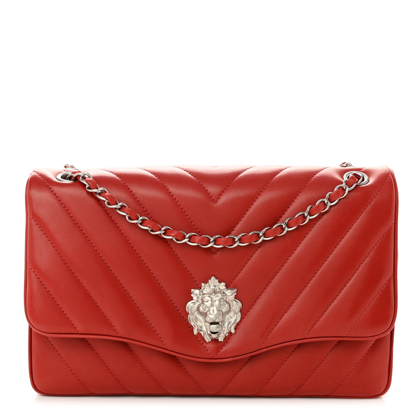 Lambskin Chevron Jumbo Leo Lion Flap Dark Red