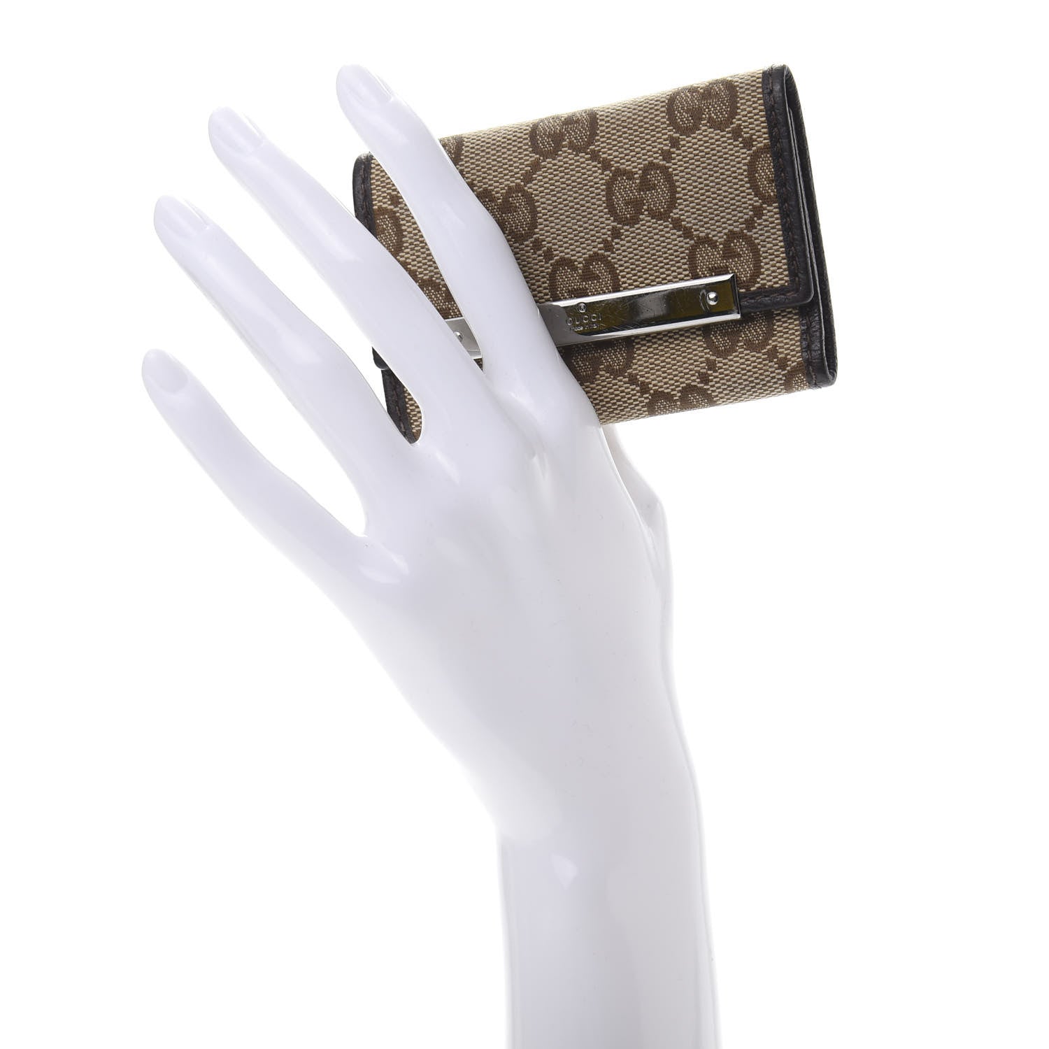 Gucci Monogram Textured Calfskin Metal Bar 6 Key Holder Case Beige Ebony Cocoa 2 of 11