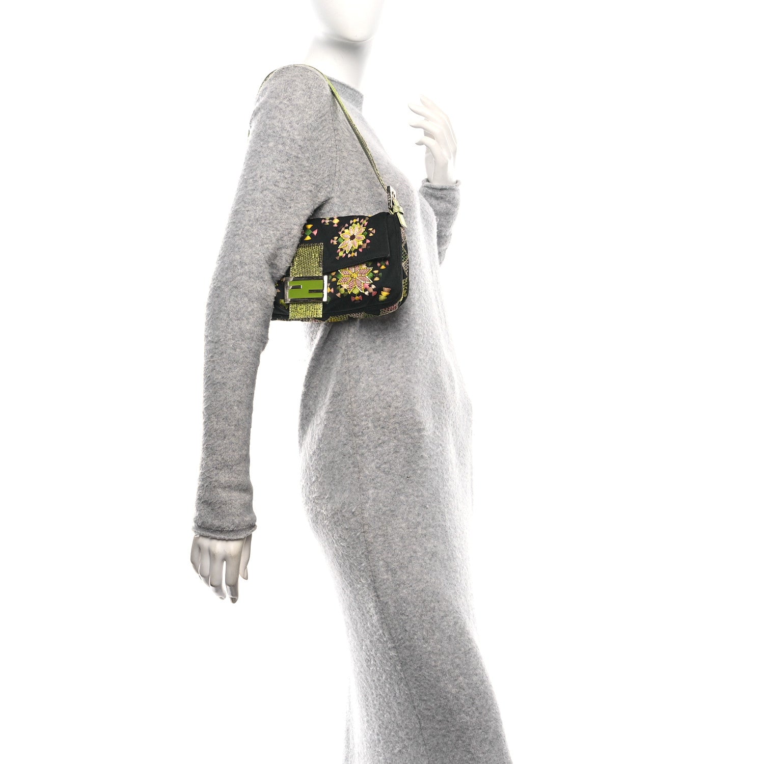 Fendi Neoprene Lizard Beaded Embroidered Baguette Black Green Multicolor 2 of 9