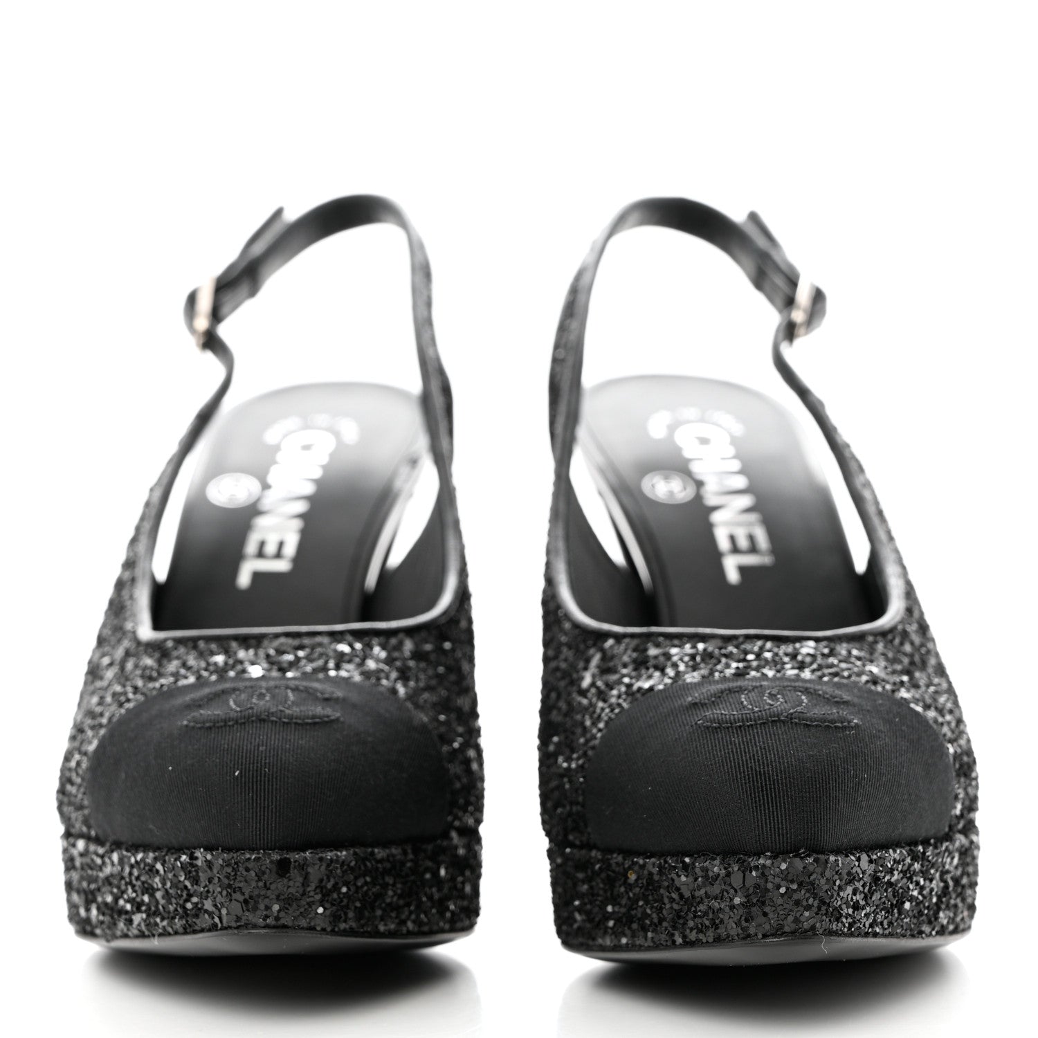 Chanel Glitter Grosgrain Cap Toe CC Slingback Pumps 37.5 Black 2 of 9