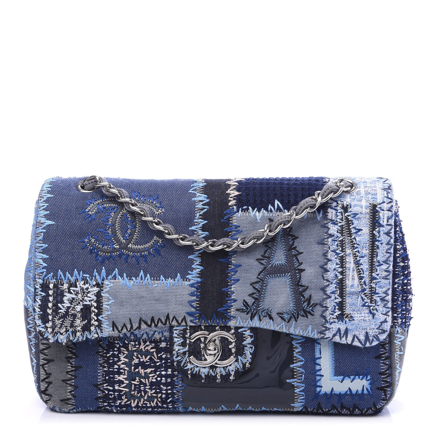 Denim Tweed Patchwork Jumbo Single Flap Blue