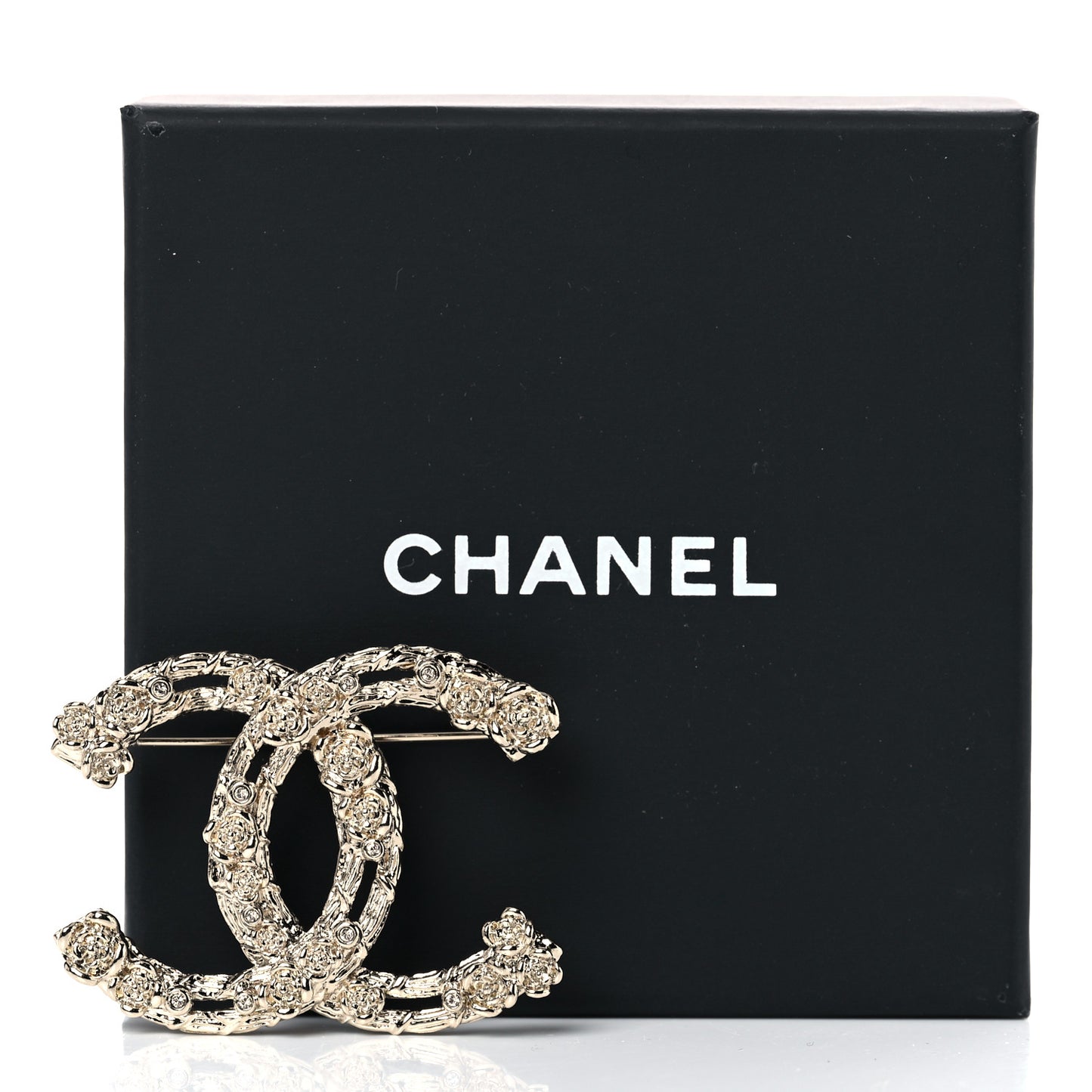 Metal Crystal Camellia CC Brooch Light Gold