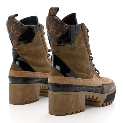 Louis Vuitton Suede Calfskin Monogram Laureate Platform Desert Boots 38 Taupe 4 of 12