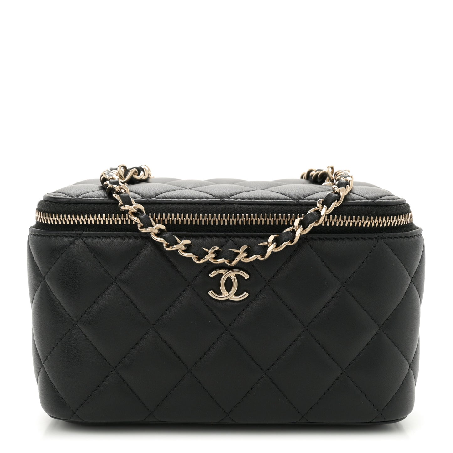 Lambskin Quilted Enamel CC Pearl Crush Small Vanity Case With Chain Black