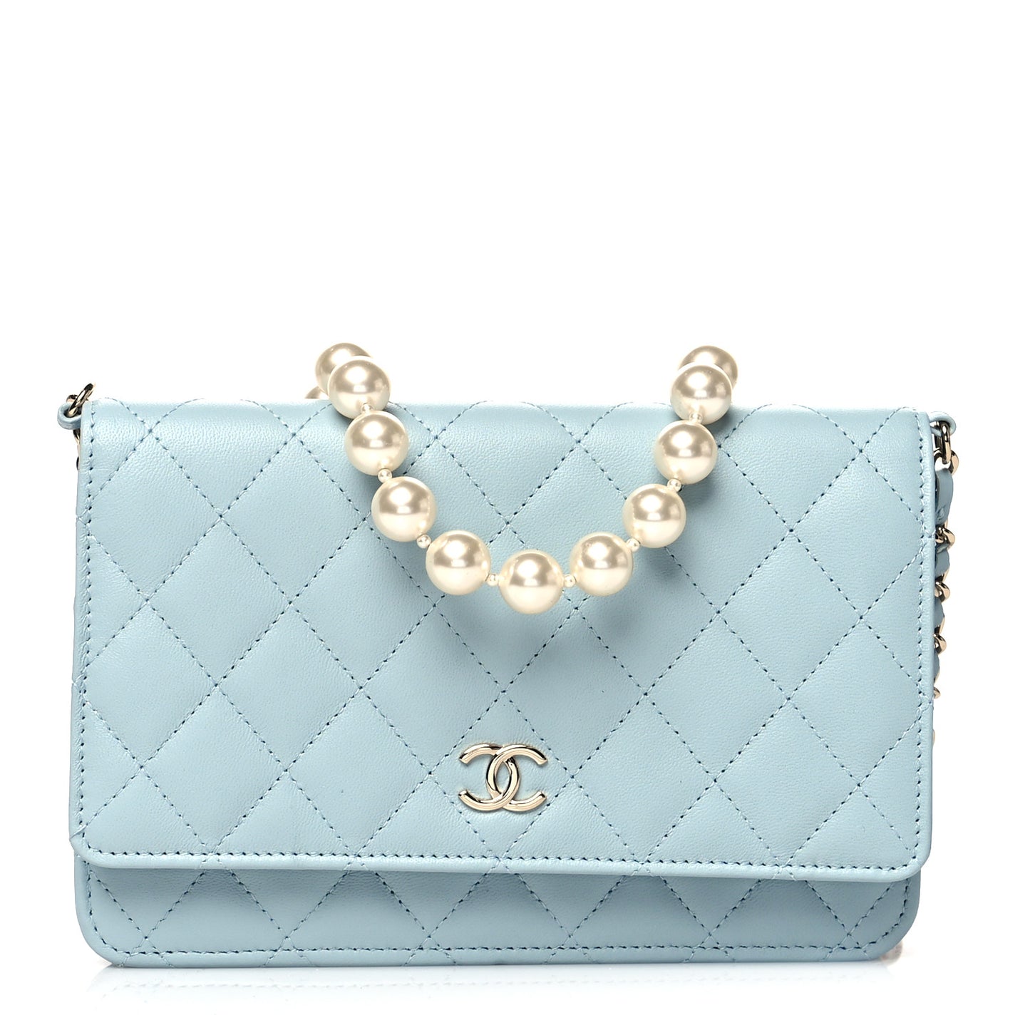 Lambskin Quilted Pearl Wallet On Chain WOC Light Blue