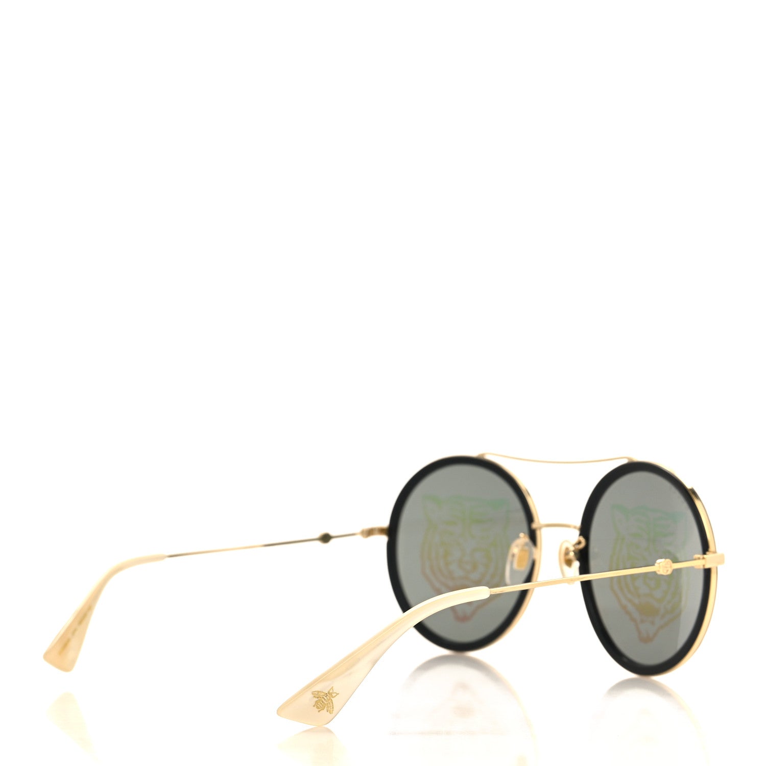 Gucci Metal Round Frame Tiger Print Sunglasses GG0061S Gold 4 of 7