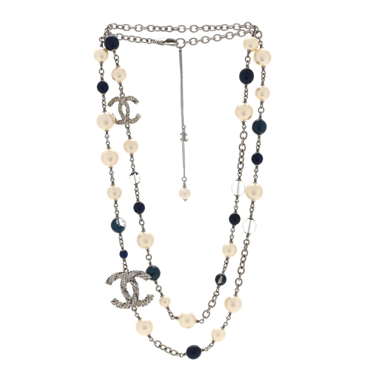 Chanel Pearl Bead Crystal Twisted CC Long Necklace Silver Blue 3 of 4
