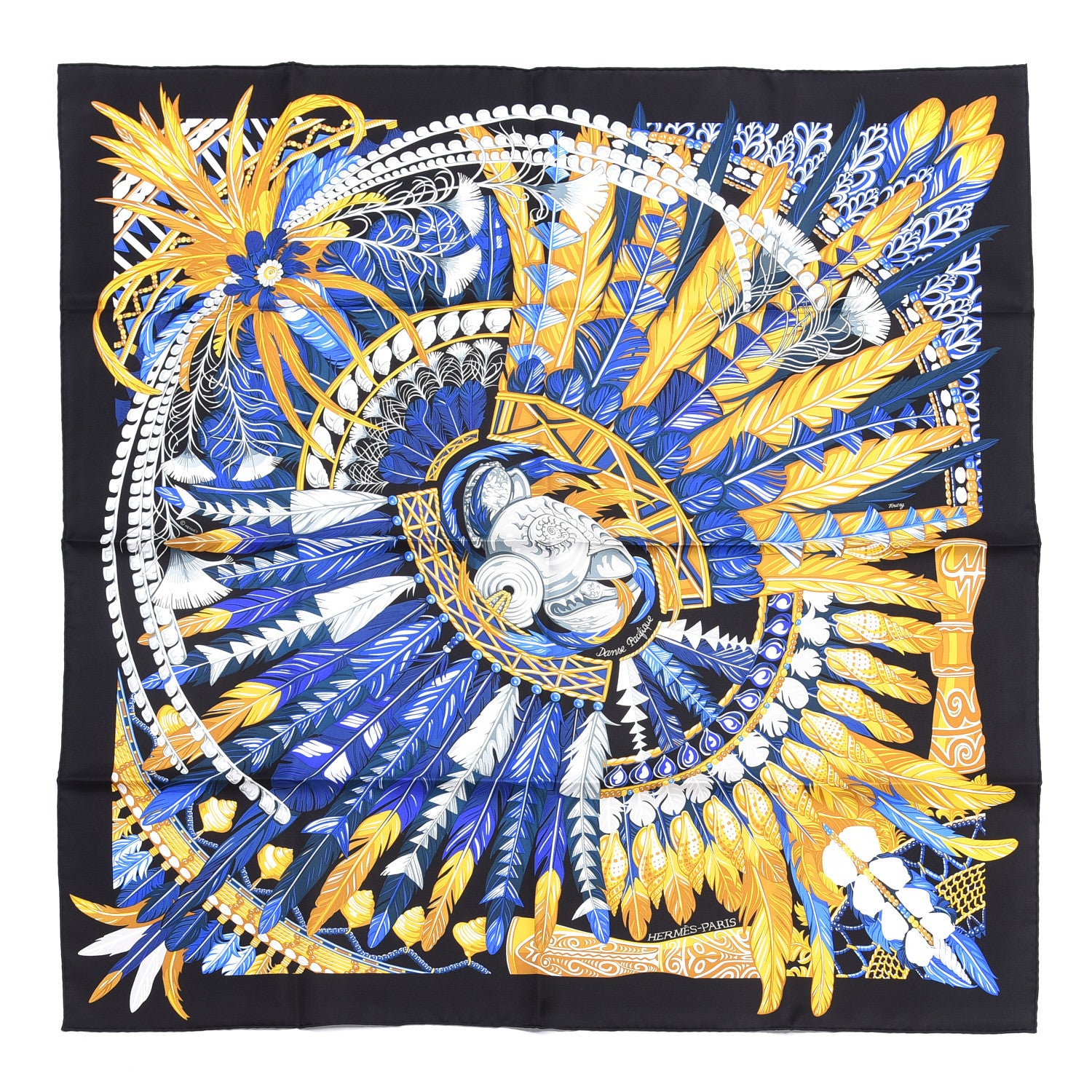 Hermes Silk Danse Pacifique Scarf 90 Black Bleu Nuit Gold 1 of 4