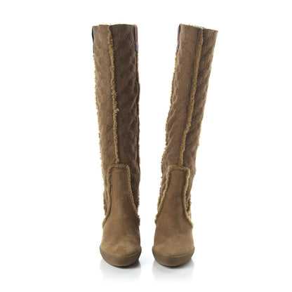 Gucci Suede Shearling Fur Microguccissima Courtney Tall Wedge Boots 8 Beige 2 of 7