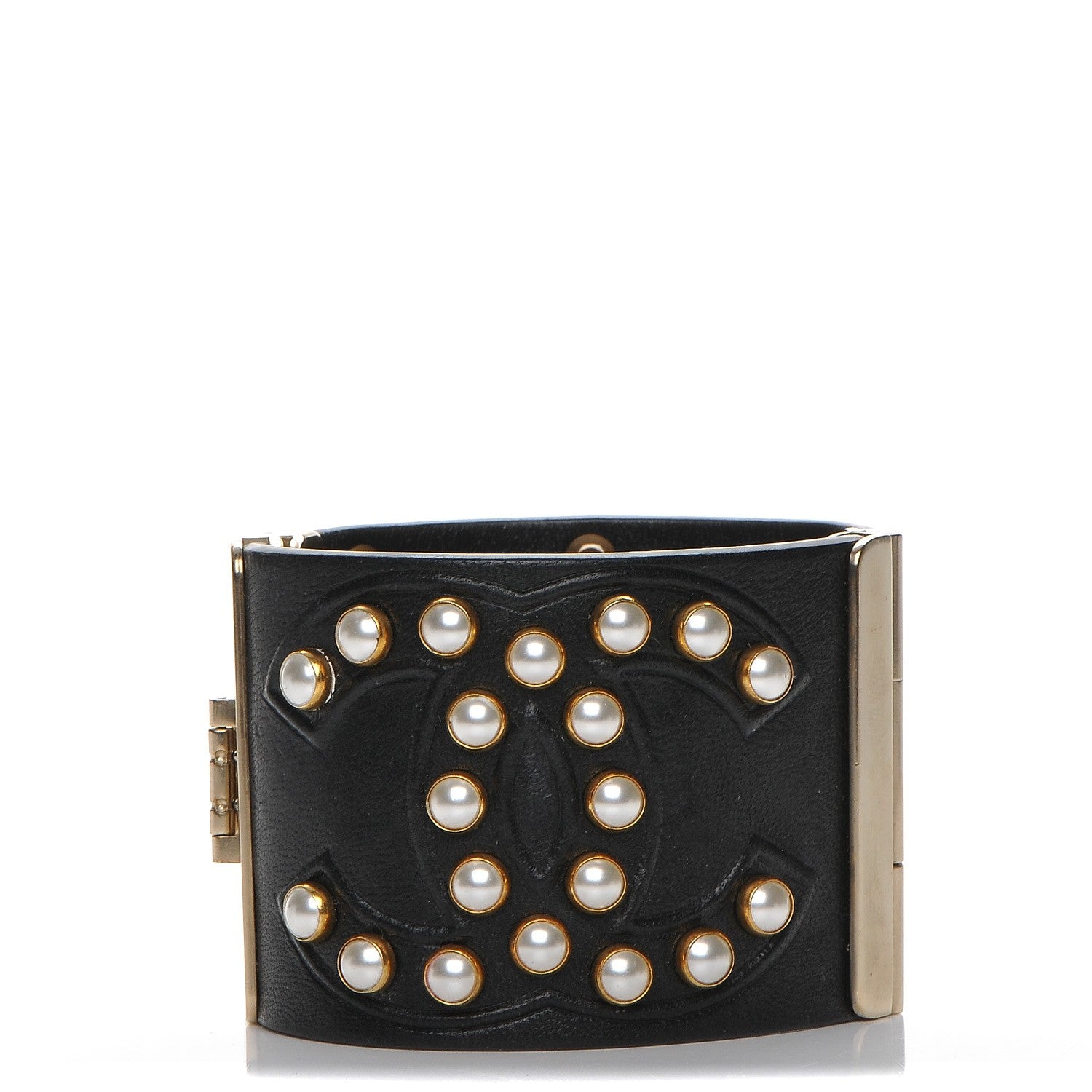 Chanel Lambskin Calfskin Pearl CC Cuff Bracelet Black Gold 1 of 8