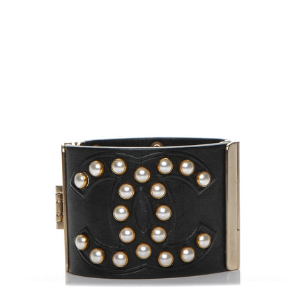 Chanel Lambskin Calfskin Pearl CC Cuff Bracelet Black Gold 1 of 8
