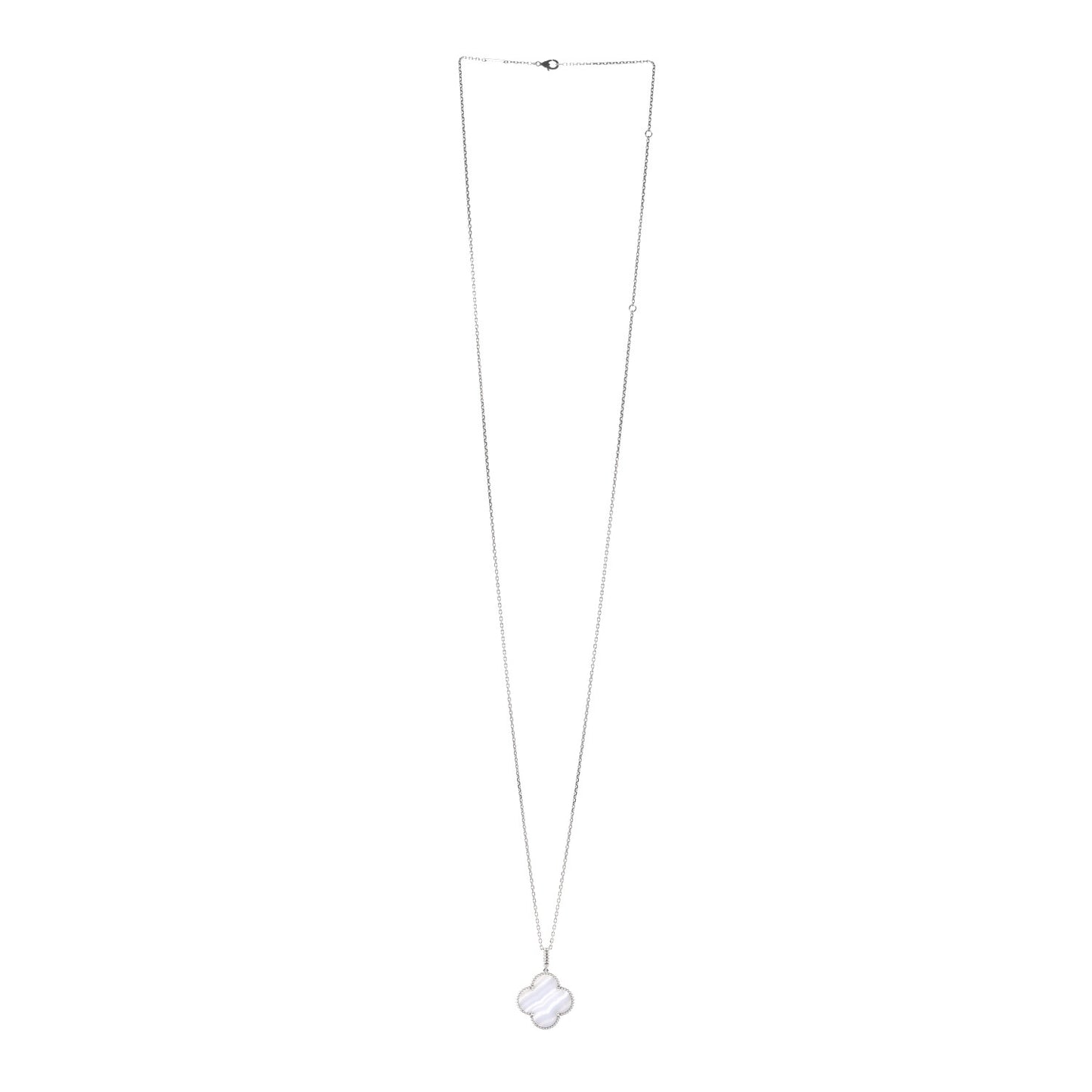 18K White Gold Chalcedony Magic Alhambra Pendant Long Necklace