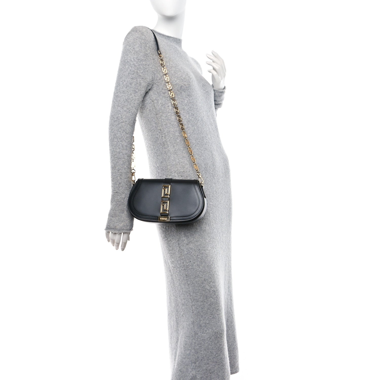 Versace Calfskin Medium Greca Goddess Shoulder Bag Black 2 of 9