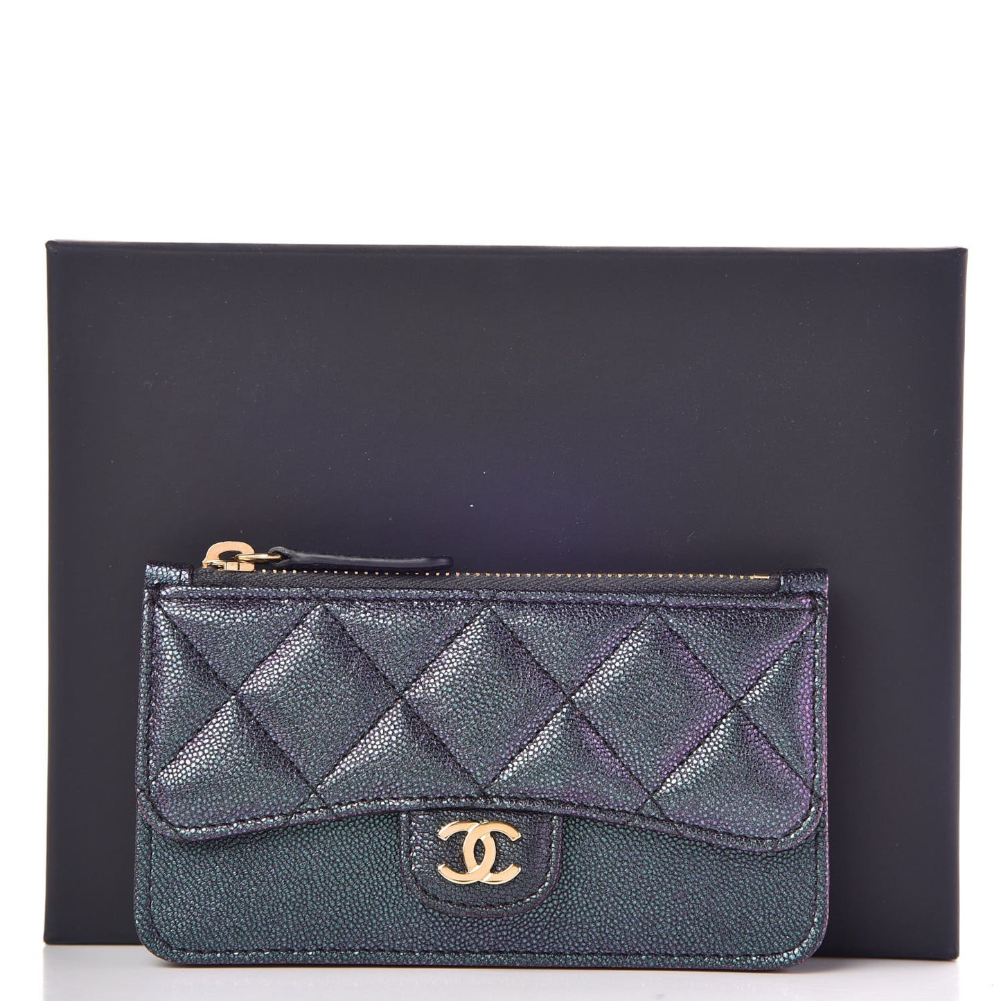 Iridescent Caviar Quilted Flap Zip Card Holder Black