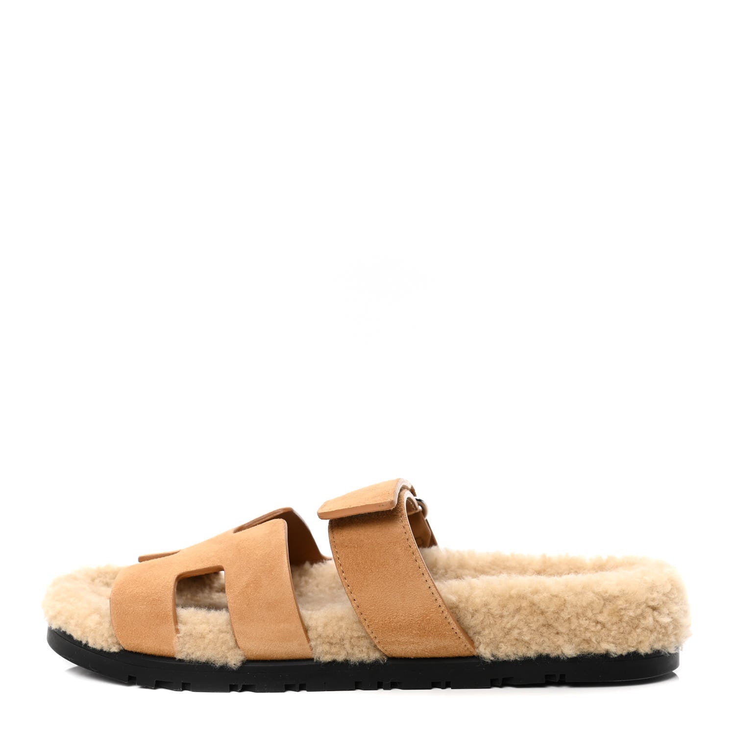 Hermes Suede Goatskin Woolskin Womens Chypre Sandals 38 Golden Beige 1 of 4