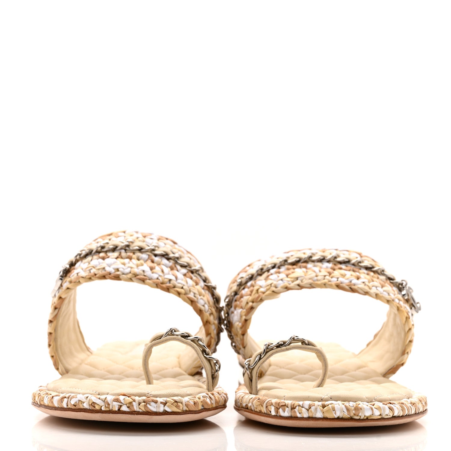 Chanel Raffia Lambskin Woven Chain CC Toe Ring Sandals 40 Beige White 3 of 10