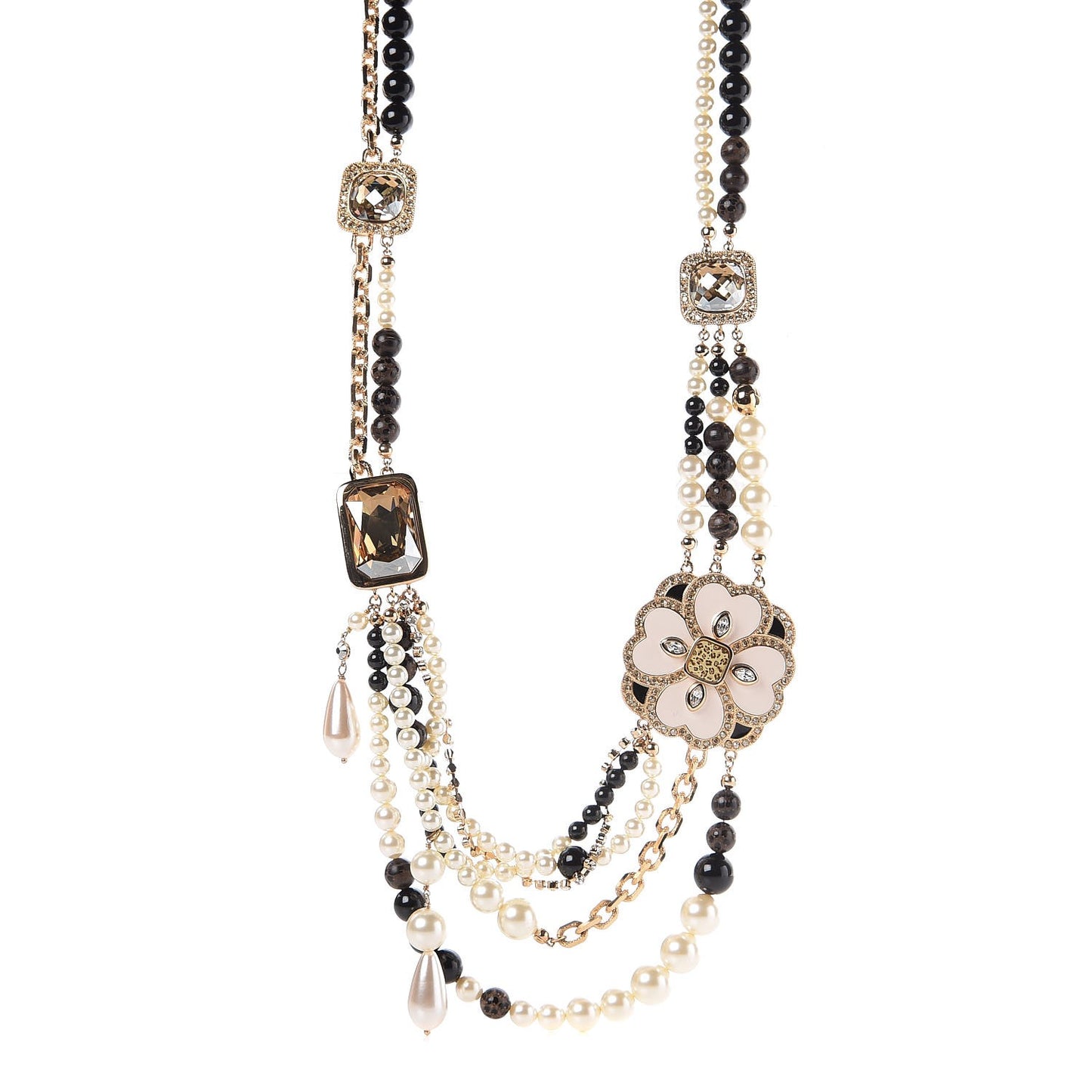 Pearl Crystal Leopard Flower Multi-Strand Necklace Gold