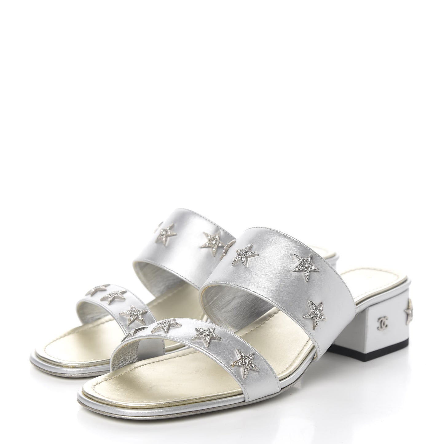 Iridescent Calfskin Crystal Stars Mules 38 Silver