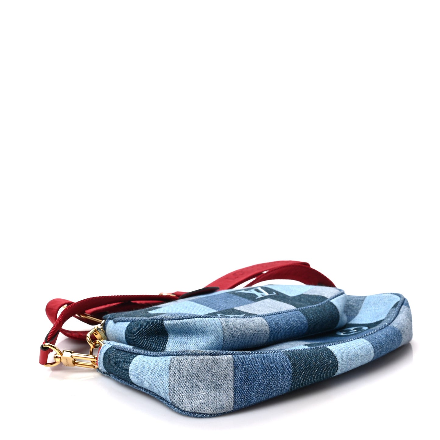 Denim Damier Monogram Patchwork Multi Pochette Accessories Blue Rouge