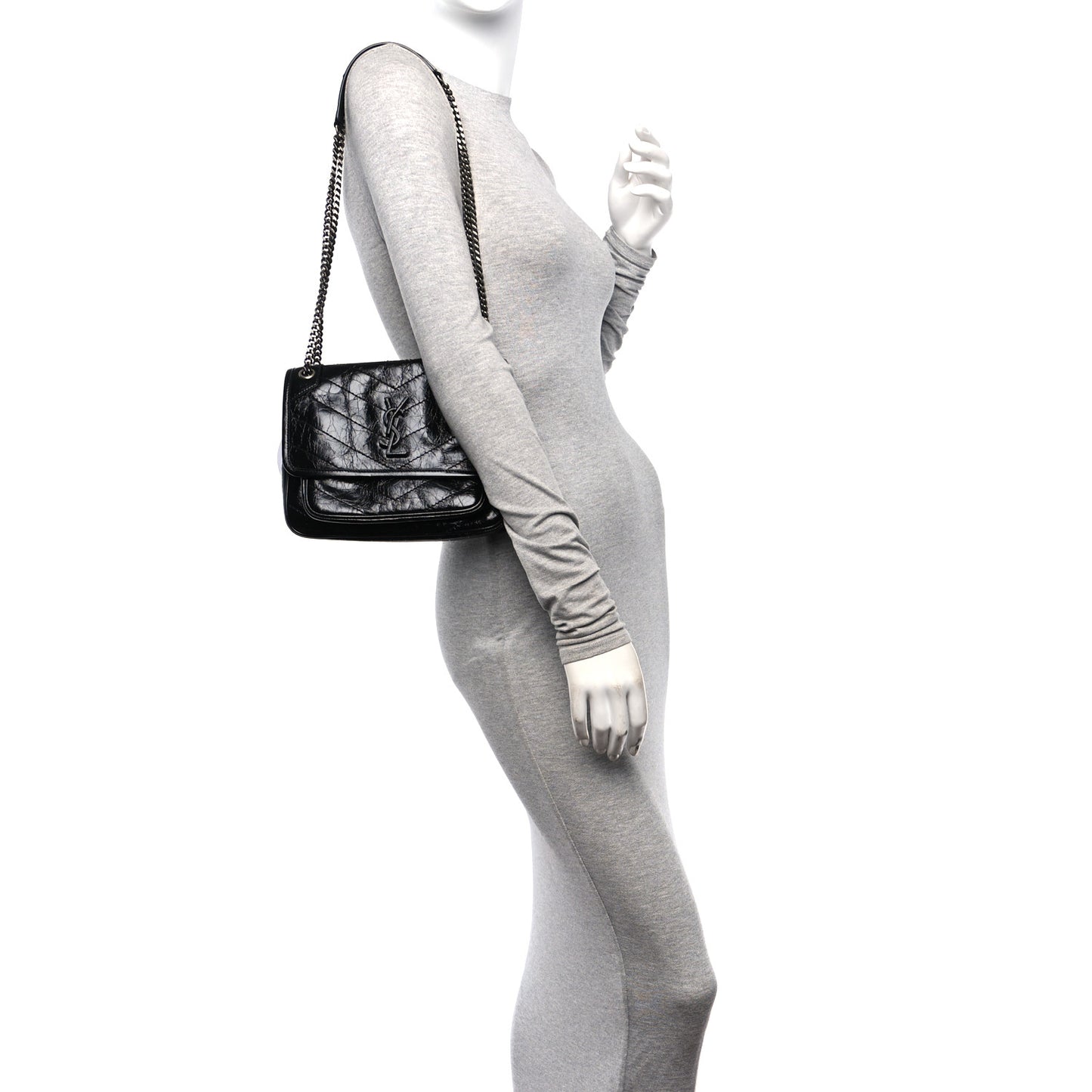 Crinkled Calfskin Matelasse Monogram Baby Niki Chain Satchel Black