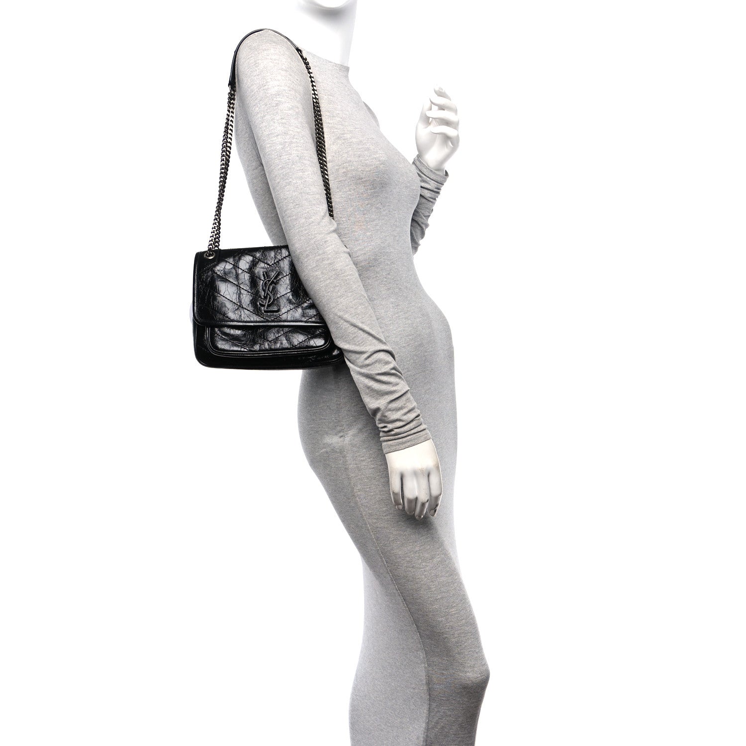 Saint Laurent Crinkled Calfskin Matelasse Monogram Baby Niki Chain Satchel Black 2 of 11