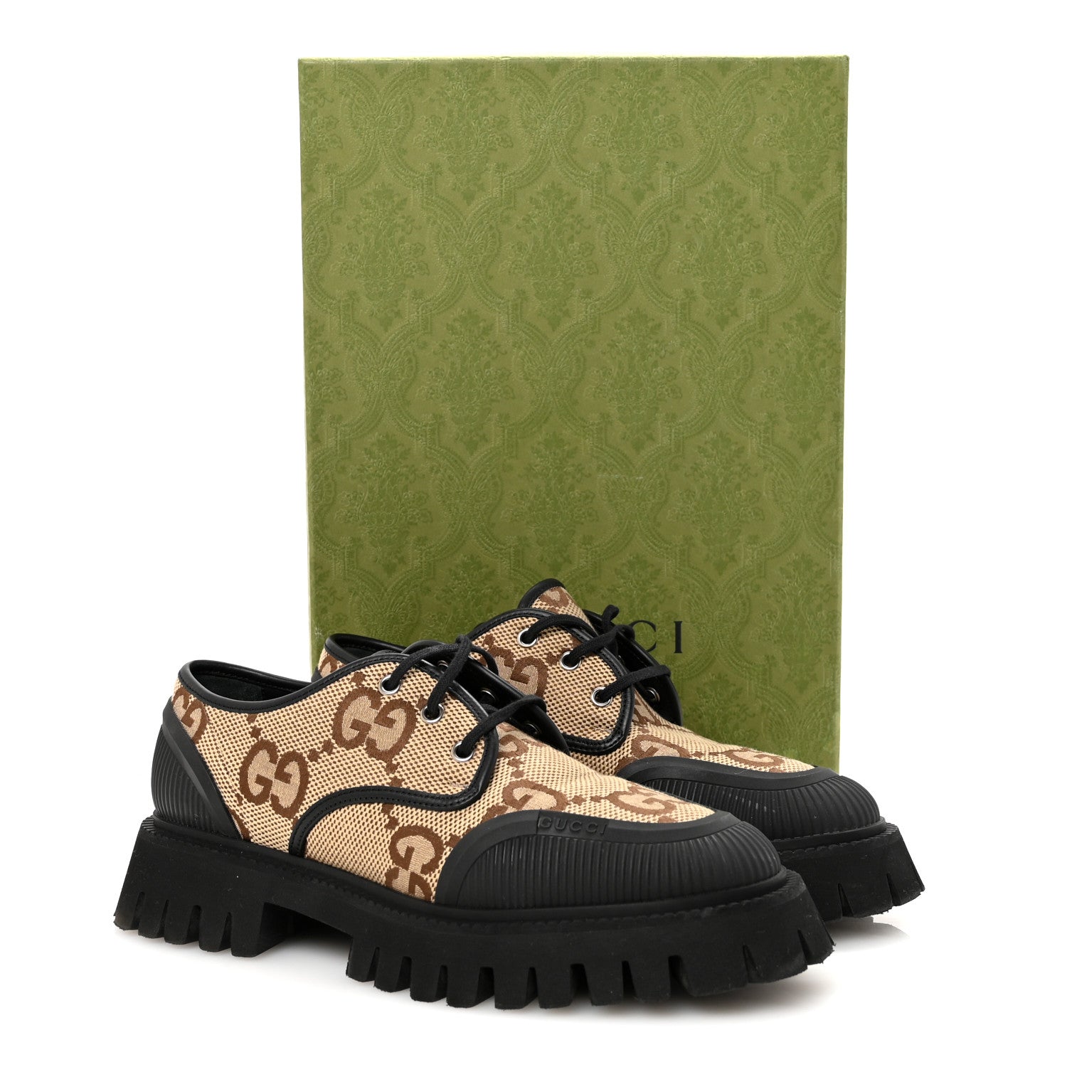 Gucci Monogram Jumbo GG Miro Soft Calfskin Womens Lug Sole Loafers 39.5 Camel Ebony Black 9 of 9