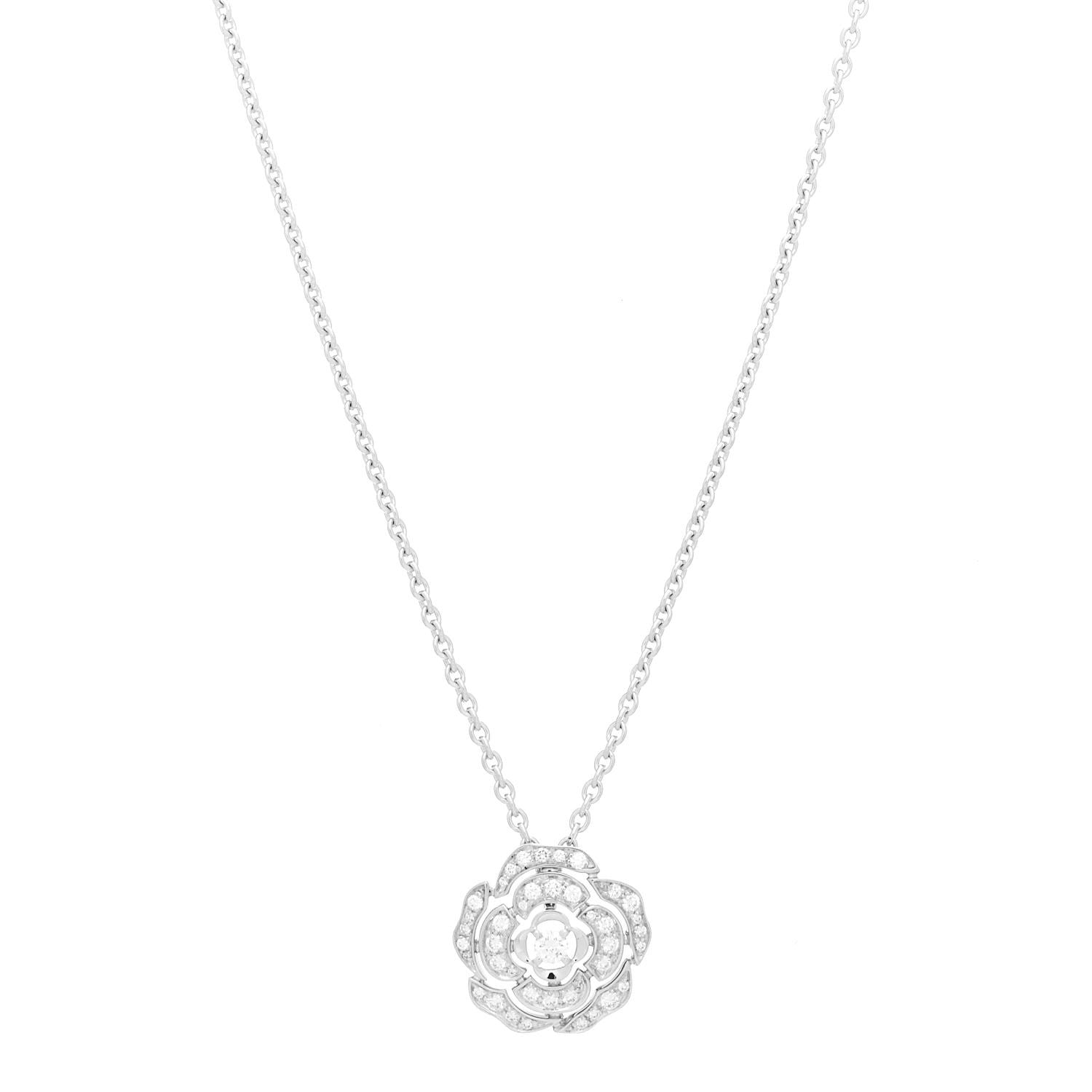 Chanel 18K White Gold Diamond Bouton de Camelia Pendant Necklace 1 of 6