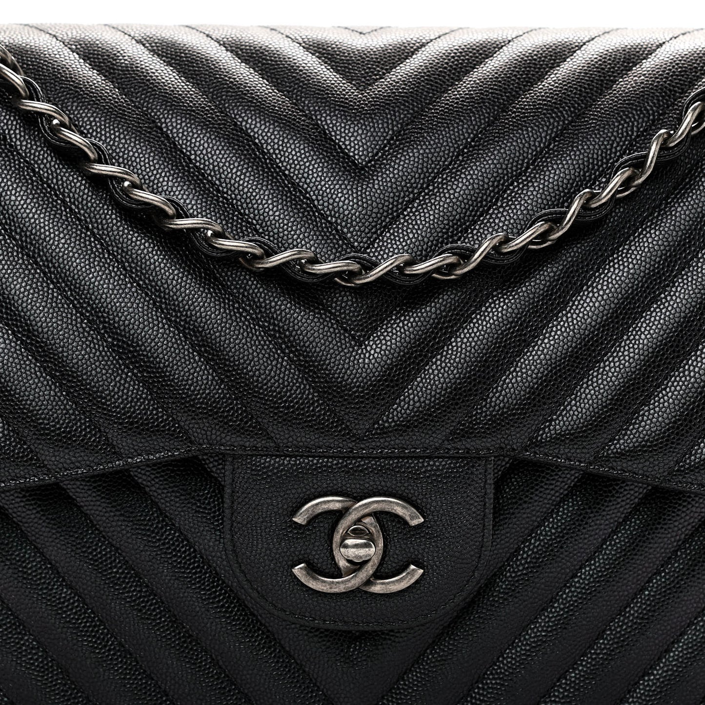 Caviar Chevron Quilted Jumbo Double Flap Black