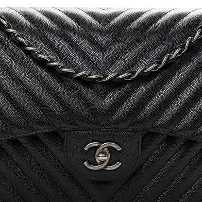 Chanel Caviar Chevron Quilted Jumbo Double Flap Black 8 of 11