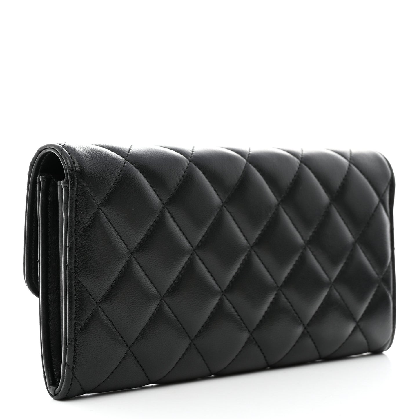 Lambskin Quilted Large Gusset Flap Wallet Black