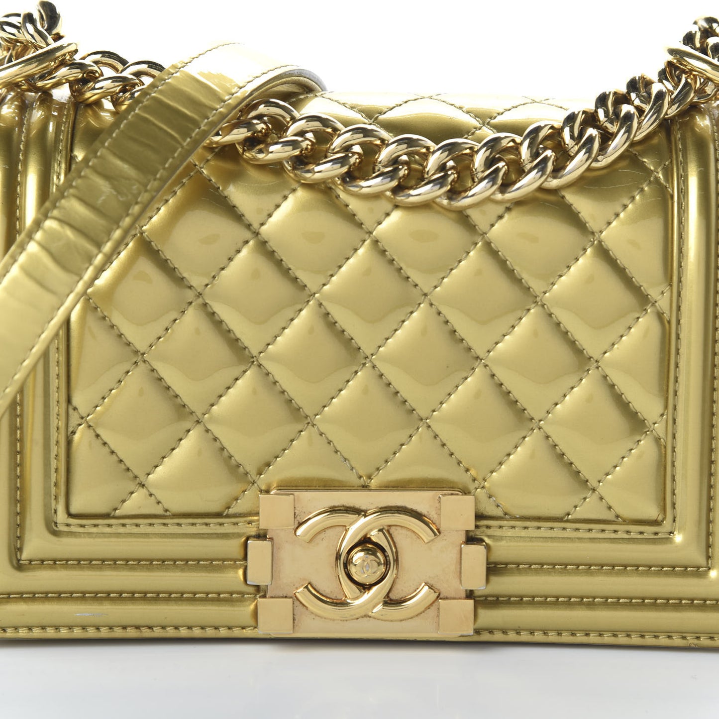 Metallic Patent Calfskin Quilted Small Boy Flap Gold
