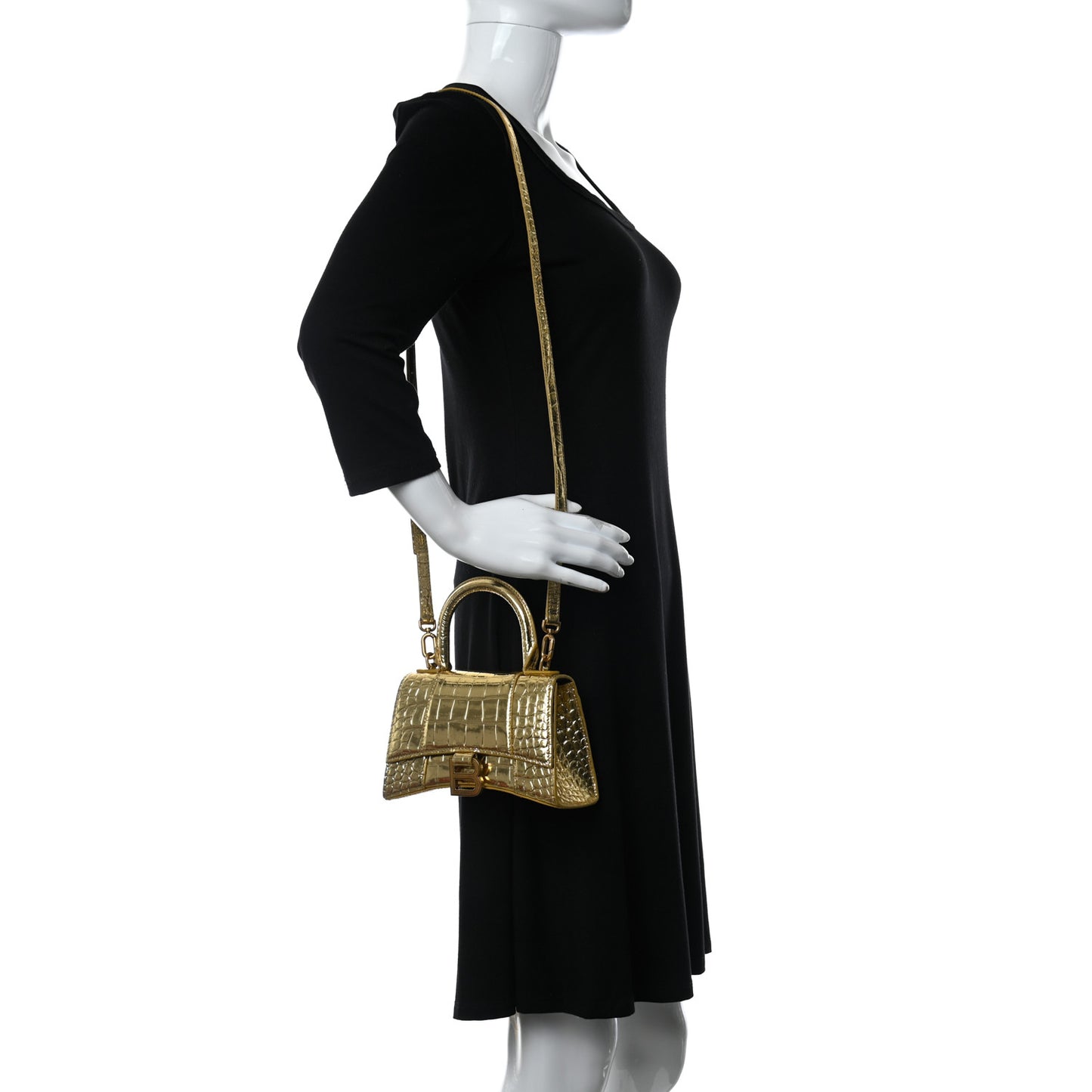 Metallic Calfskin Crocodile Embossed Hourglass Top Handle Bag XS Gold