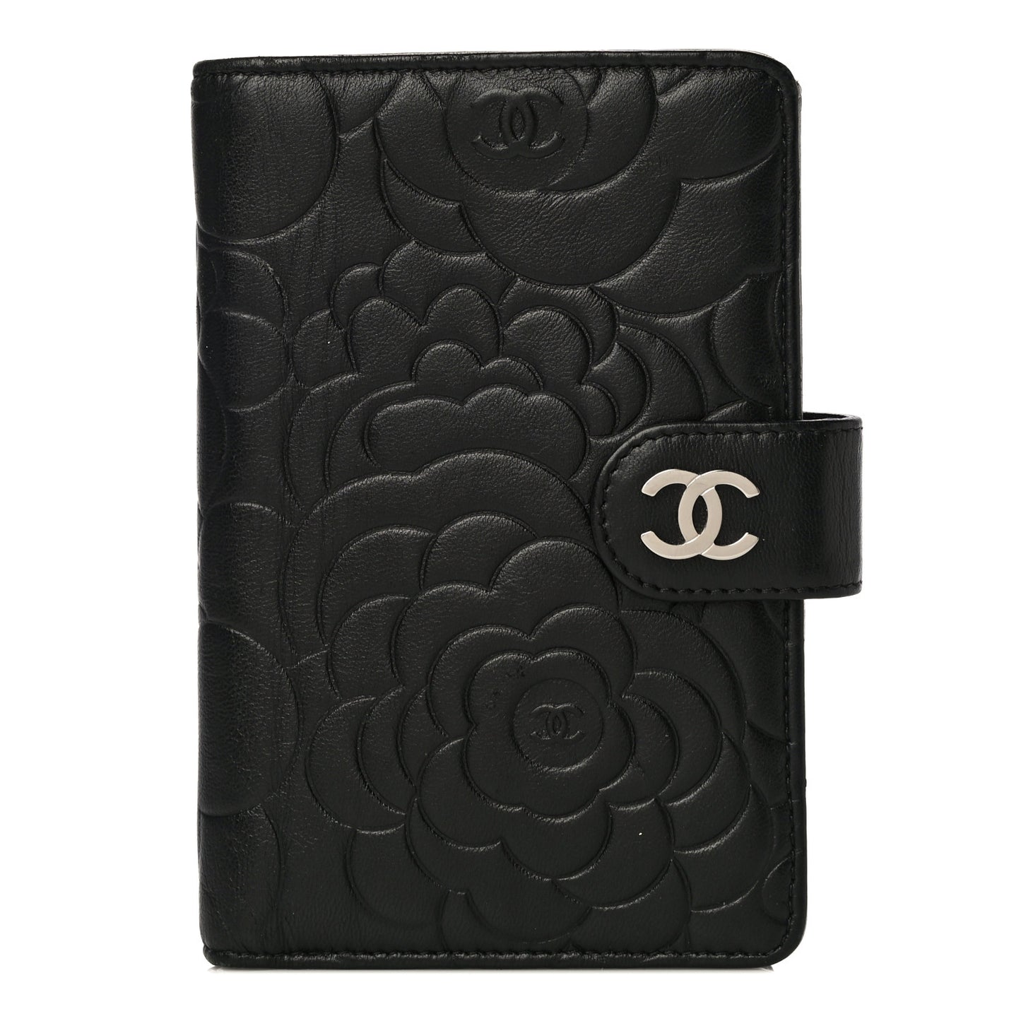 Lambskin Camellia Embossed Zipped Pocket Wallet Black