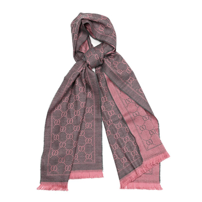 Gucci Wool Jacquard GG Monogram Sten Fringe Scarf Graphite Pink 1 of 4